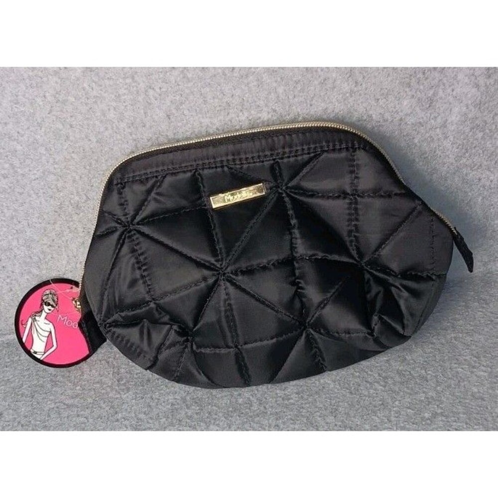 NWT! Modella Quilted Cosmetic Makeup Bag Black Geometric Travel Toiletry Case